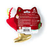 Two Quirky Kitty® Getting Blitzend 2-Pack cat toys shaped like red and green Christmas ornaments with gold caps, attached to a cardboard backing that features a snowman and product information.