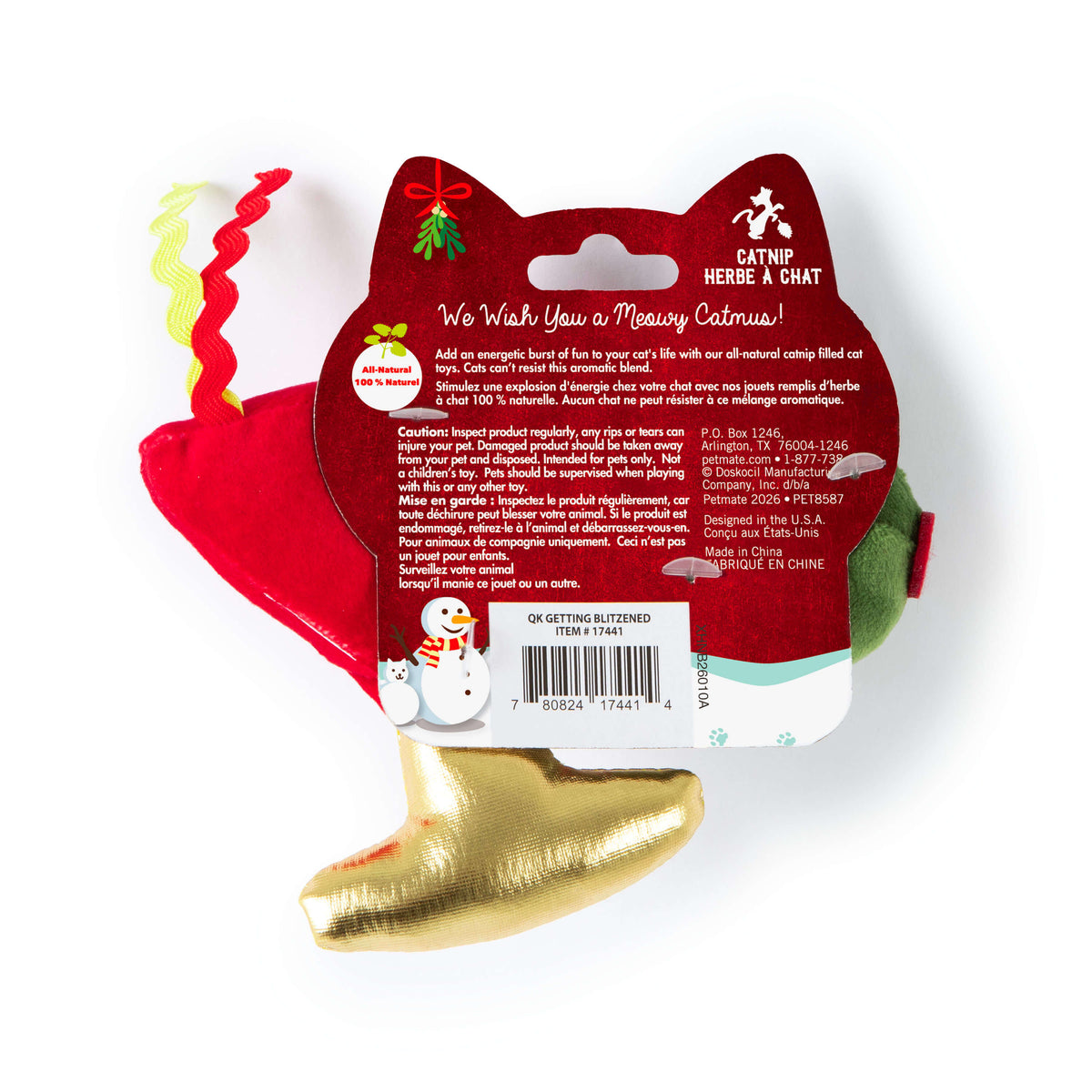 Two Quirky Kitty® Getting Blitzend 2-Pack cat toys shaped like red and green Christmas ornaments with gold caps, attached to a cardboard backing that features a snowman and product information.