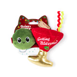 Quirky Kitty® Getting Blitzend 2-Pack cat toys featuring a green olive with a face and a red martini glass with a gold base labeled Getting Blitzened on a cardboard display card.