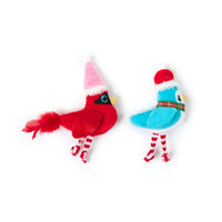 Quirky Kitty® Winter Birds 2-Pack cat toys featuring two red and blue plush birds wearing Santa hats and striped stockings.