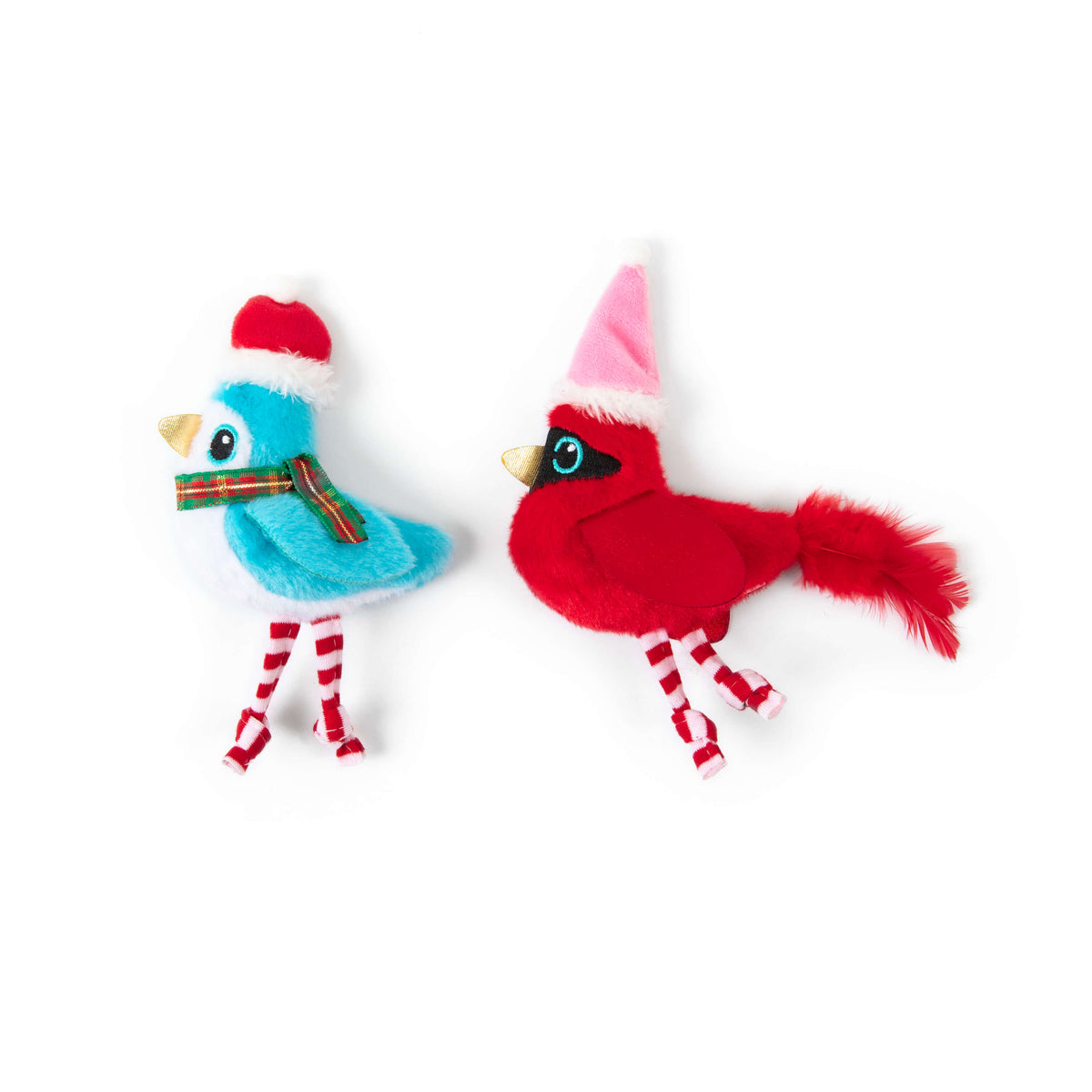 Quirky Kitty® Winter Birds 2-Pack cat toys featuring two blue and red plush birds wearing Santa hats with striped legs.