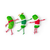Quirky Kitty® Dancing Pickles 3-Pack cat toys featuring three plush green pickles wearing striped limb covers and festive holiday-themed accessories.
