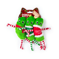 Three Quirky Kitty® Dancing Pickles cat toys with striped arms and legs, attached to a cat-shaped cardboard backing.