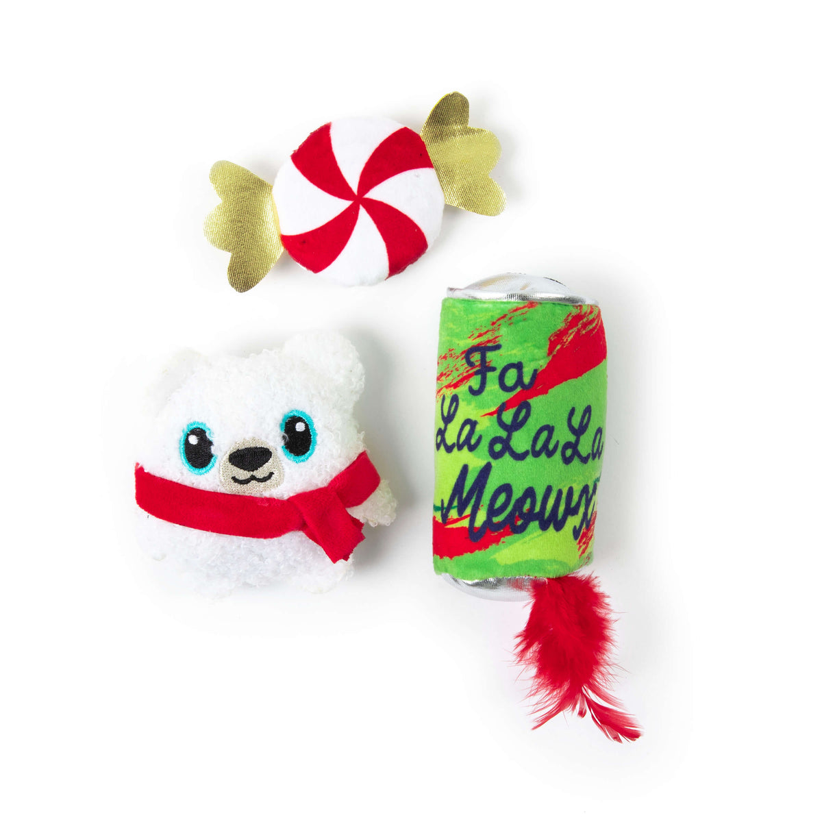 Quirky Kitty® Fa La La La Meowx 3-Pack Cat Toys, including a peppermint candy, a white polar bear with a red scarf, and a green can with a red ribbon reading Fa La La La Meowx, finished with a red feather at the bottom.