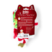 Three Quirky Kitty® Fa La La La Meowx 3-Pack Cat Toys attached to a cardboard display card featuring a snowman illustration and product information.