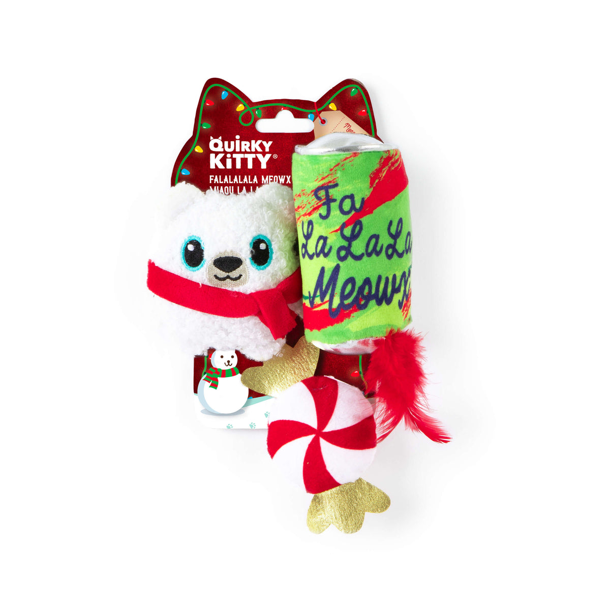 Quirky Kitty® Fa La La La Meowx 3-Pack Cat Toys on a display card: a white polar bear in a red scarf, a green tube toy saying Fa La La La Meow, and a red and white peppermint candy toy with a feather.