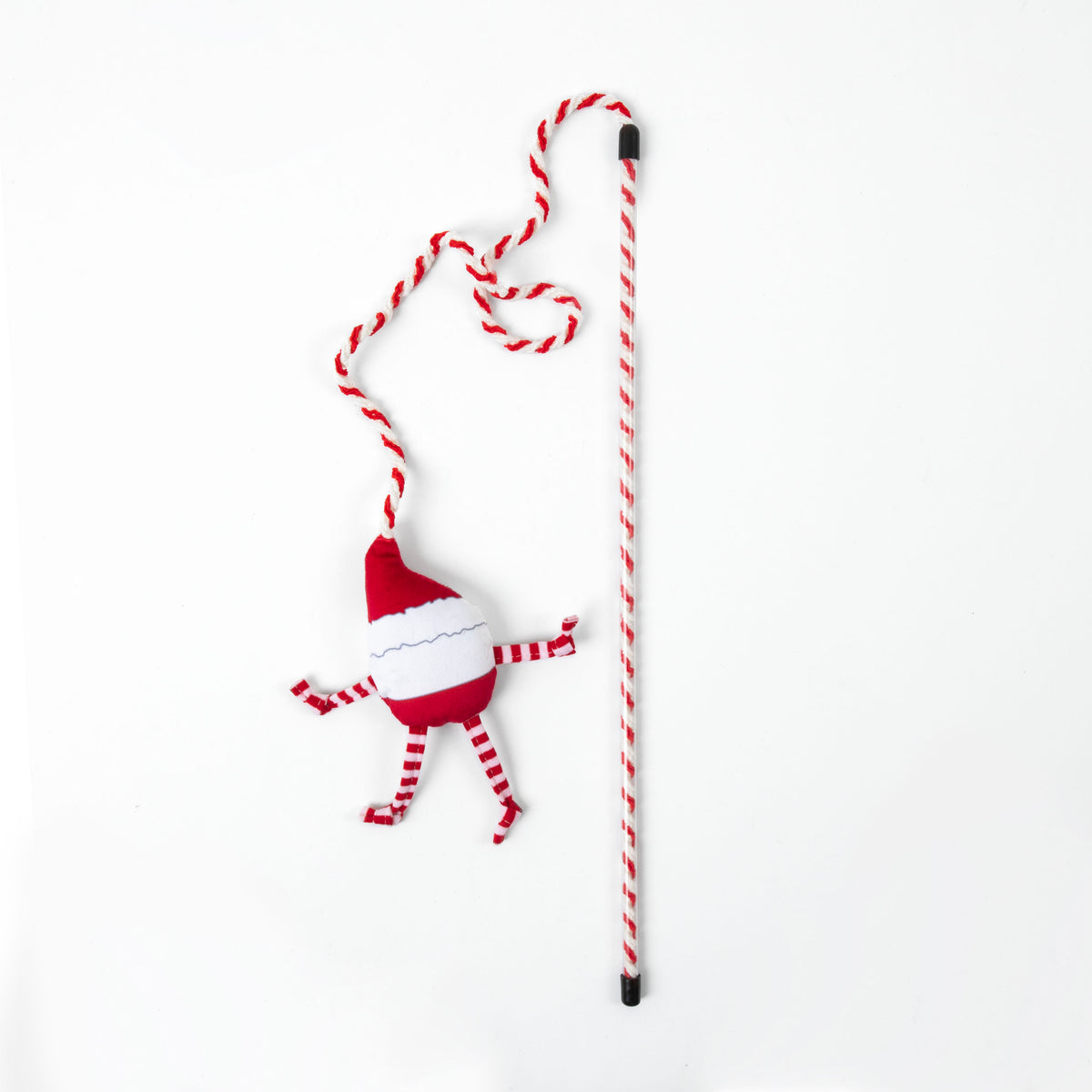A Quirky Kitty® On Dancer On Prancer Wand cat toy featuring a red and white striped wand with a dangling plush Santa character.