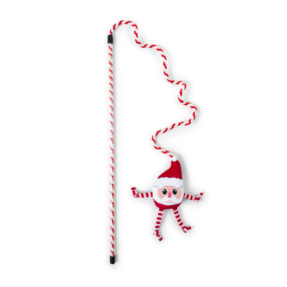 Quirky Kitty® On Dancer On Prancer Wand Cat Toy featuring a plush Santa Claus attached by a string to a red and white striped holiday wand.