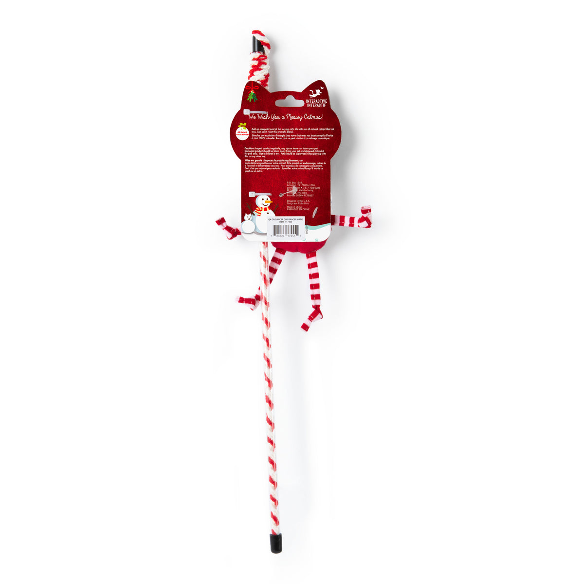 A Quirky Kitty® On Dancer On Prancer Wand Cat Toy featuring a candy cane patterned stick, dangling red and white striped plush legs, and a smiling snowman head on the product backing card.