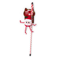 Quirky Kitty® On Dancer On Prancer Wand Cat Toy, featuring a plush Santa elf attached to a candy cane-striped wand on retail packaging.