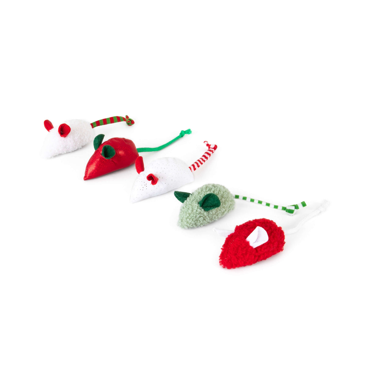 A 5-pack of Quirky Kitty® Holiday Mice in assorted festive colors and textures, each featuring a long tail.