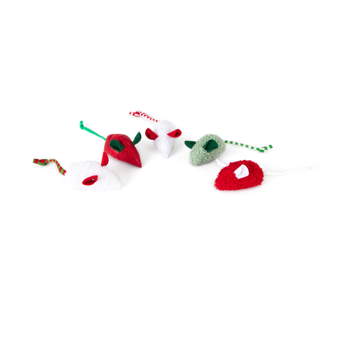 Five Quirky Kitty® Holiday Mice 5-Pack cat toys in festive colors with striped tails.