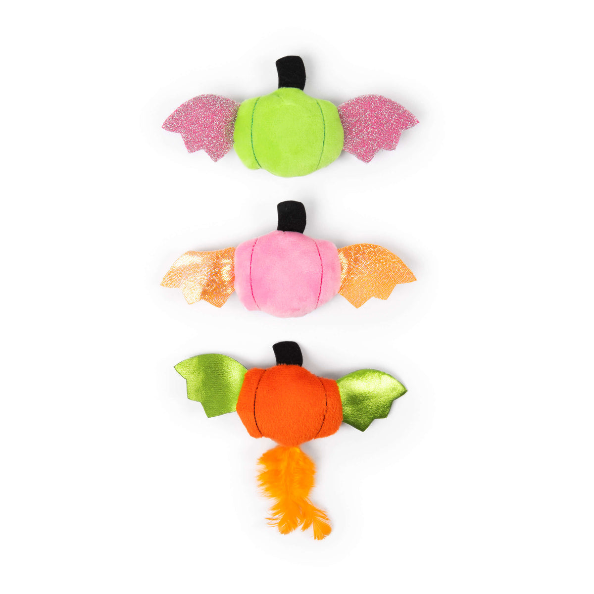 Quirky Kitty® Jack-O’-Lantern Bats 3-Pack catnip toys featuring three pumpkin-shaped toys with bat wings, including one with an orange feather tail.
