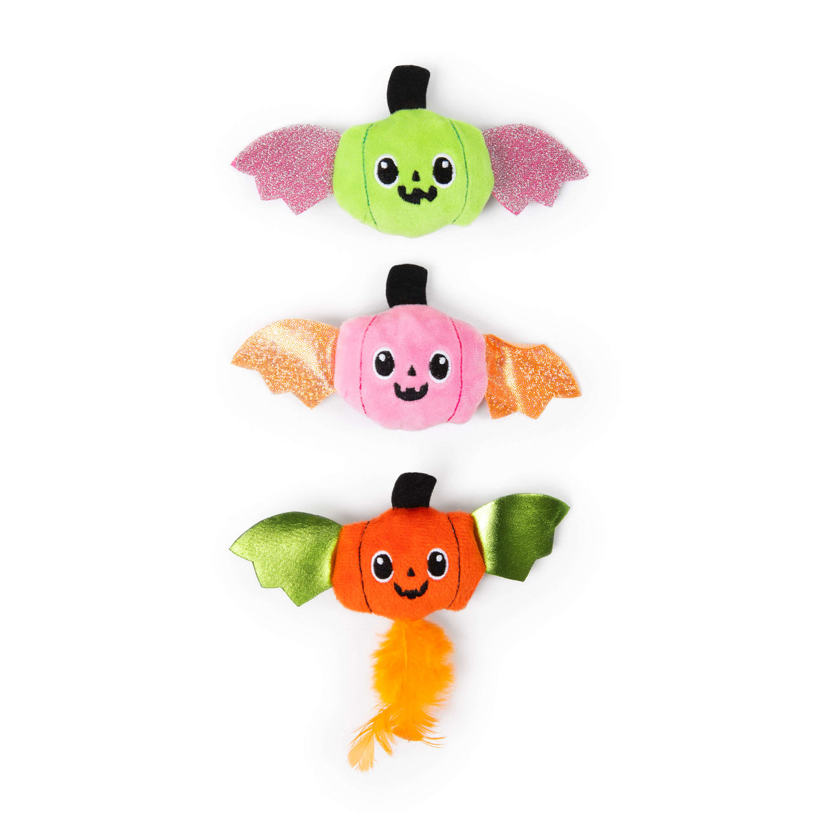 Three Quirky Kitty® Jack-O’-Lantern Bats 3-Pack cat toys in green, pink, and orange arranged vertically, each featuring bat wings.