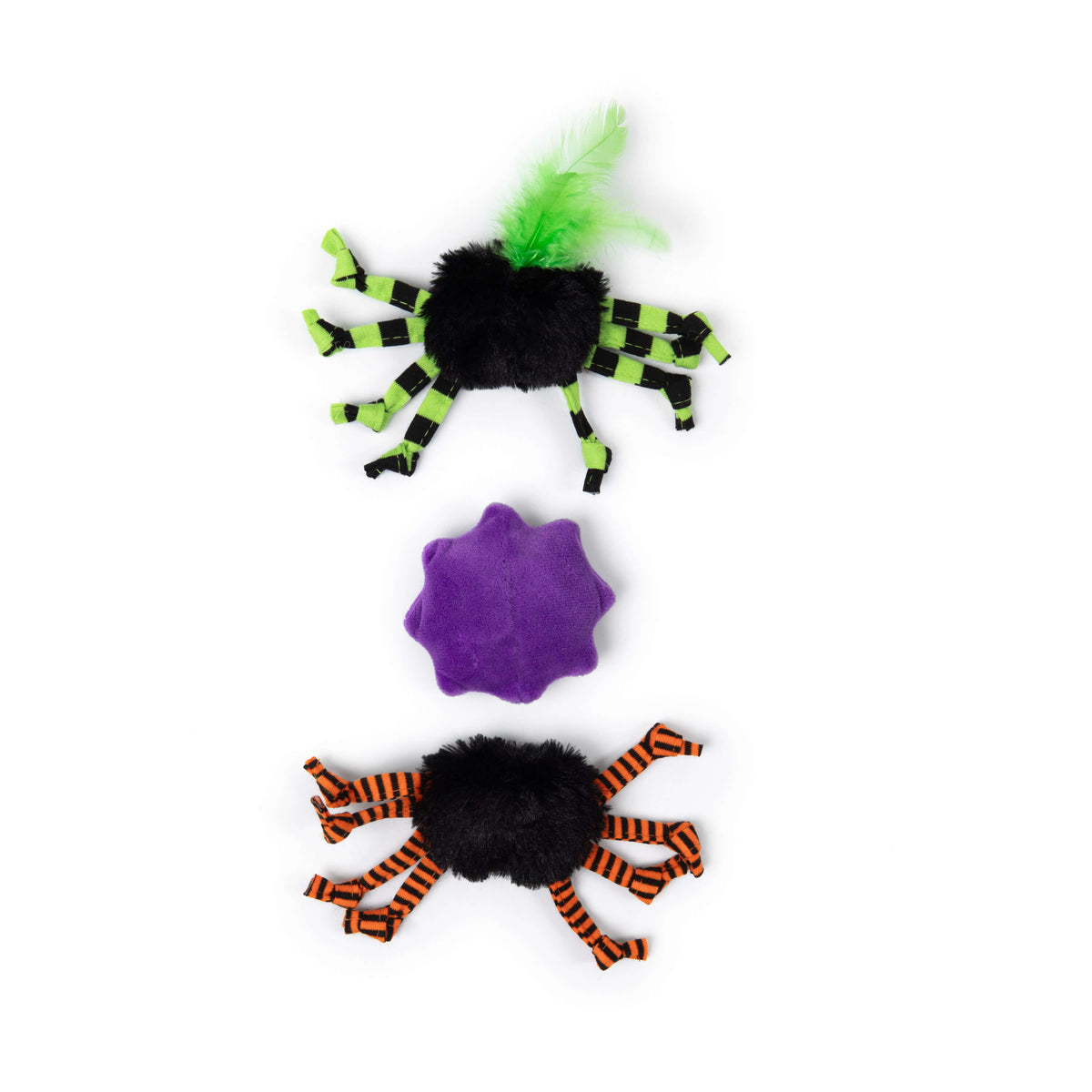 Two Quirky Kitty® Sassy Spooky Spiders plush cat toys with striped legs and a small purple plush toy arranged vertically on a white background.