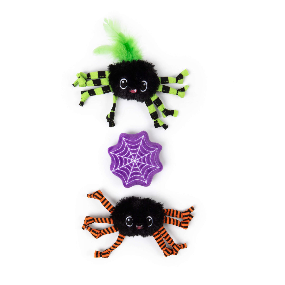 Two Quirky Kitty® Sassy Spooky Spiders cat toys with striped legs and a purple spiderweb toy arranged vertically.