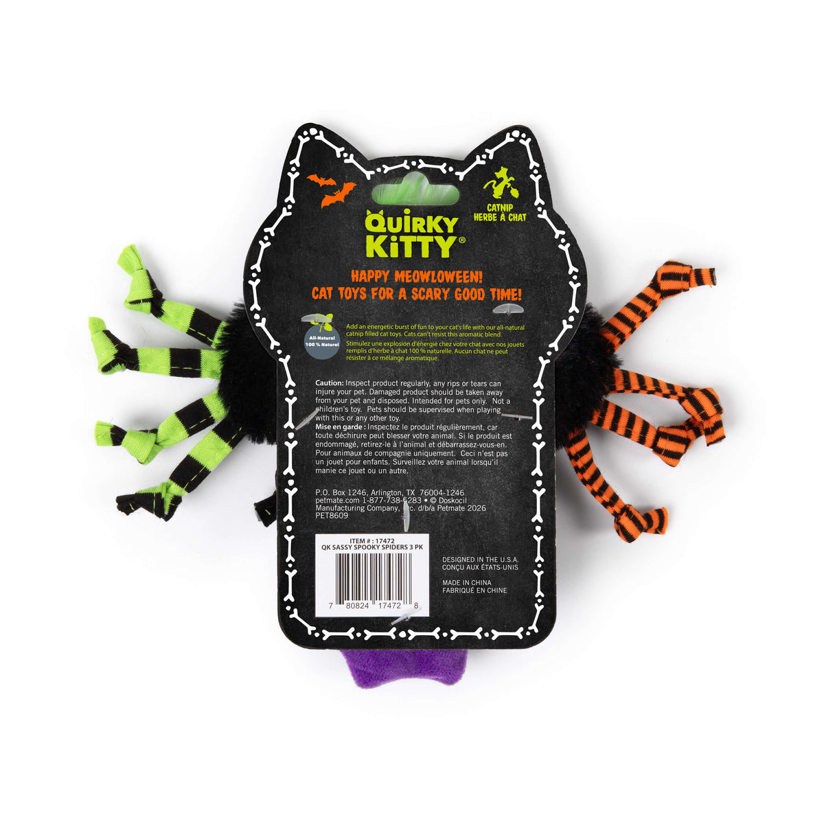 Quirky Kitty® Sassy Spooky Spiders 3-Pack cat toys featuring three plush spiders with striped legs and purple bodies, attached to a decorative black-and-white cat-shaped backing card.