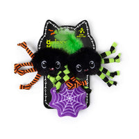 Two fuzzy black spider catnip toys with striped legs and a plush purple spider web on a cat-shaped backing card from the Quirky Kitty® Sassy Spooky Spiders 3-Pack Cat Toys.