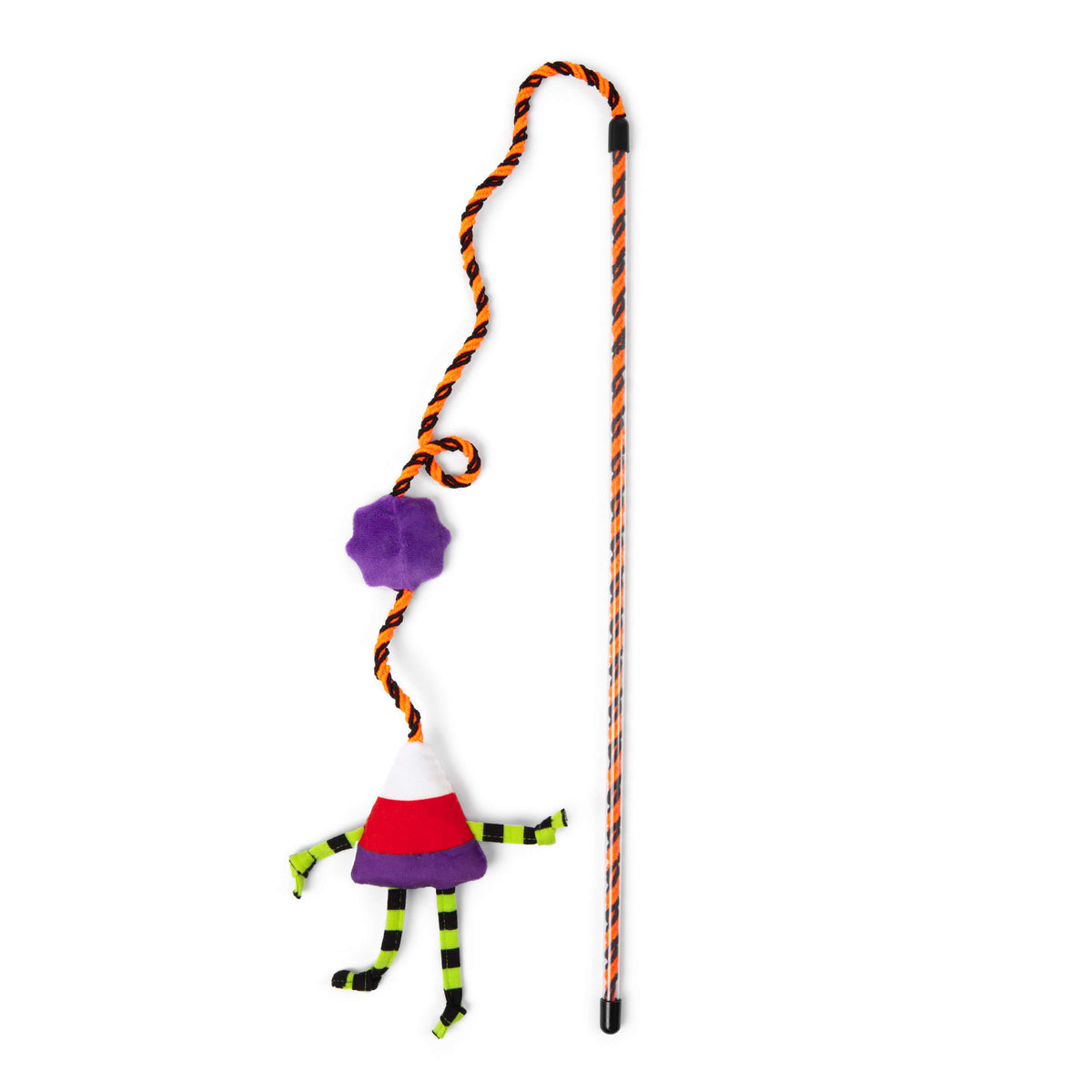 A Quirky Kitty® Dancing Candy Corn Wand Cat Toy featuring a character dangling from a striped cord attached to a long handle, perfect for interactive play.