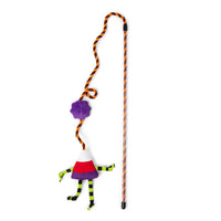 A Quirky Kitty® Dancing Candy Corn Wand Cat Toy featuring a character dangling from a striped cord attached to a long handle, perfect for interactive play.