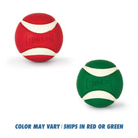 A red or green Chuckit!® Holiday Ultra Ball with a white stripe and embossed logo; colors may vary.