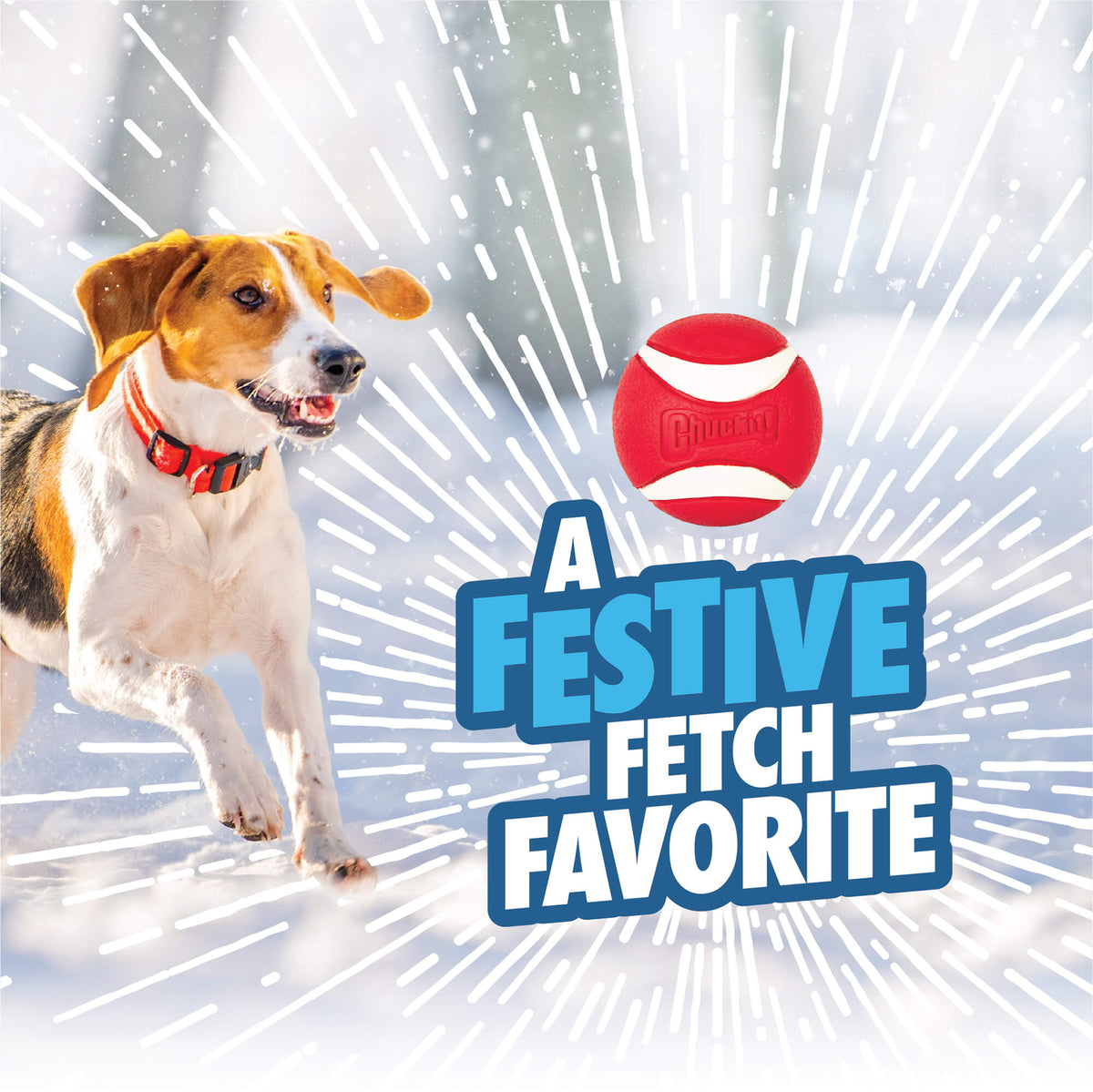 A dog runs through the snow next to a Chuckit!® Holiday Ultra Ball.