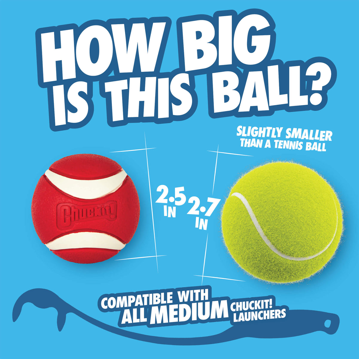 A festive red and white Chuckit!® Holiday Ultra Ball Dog Toy sits next to a yellow tennis ball, illustrating its 2.5 to 2.7-inch diameter compatible with medium-sized Chuckit! launchers.
