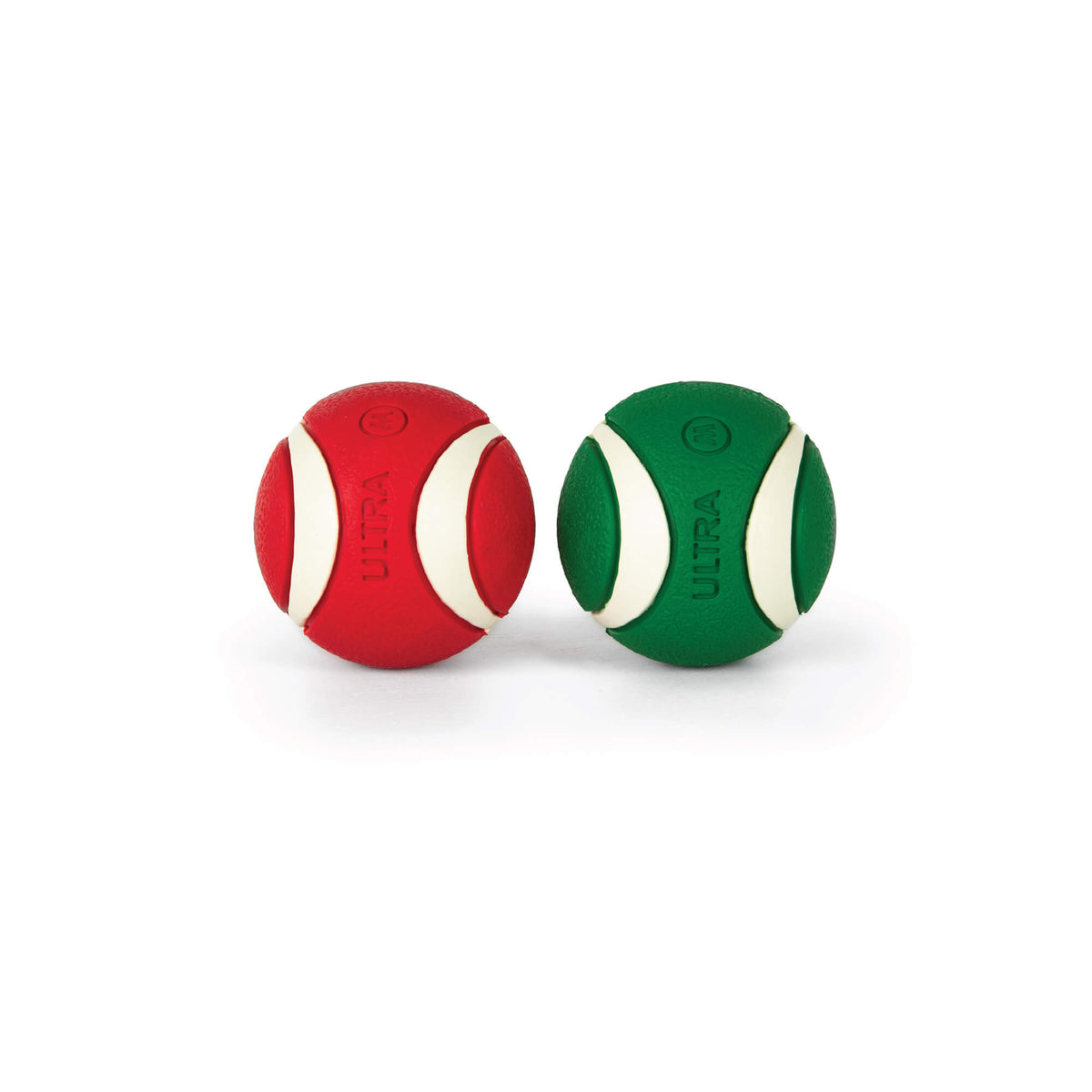 One red and one green Chuckit!® Holiday Ultra Ball, each featuring white curved stripes and the word ULTRA embossed on the side.