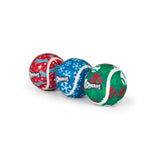 Three Chuckit!® Holiday Tennis Balls patterned with red, blue, and green seasonal designs.