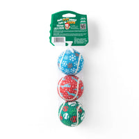 Three Chuckit!® Holiday Tennis Balls with snowflake, ornament, and pine tree patterns, packaged in a vertical plastic net with a cardboard header.