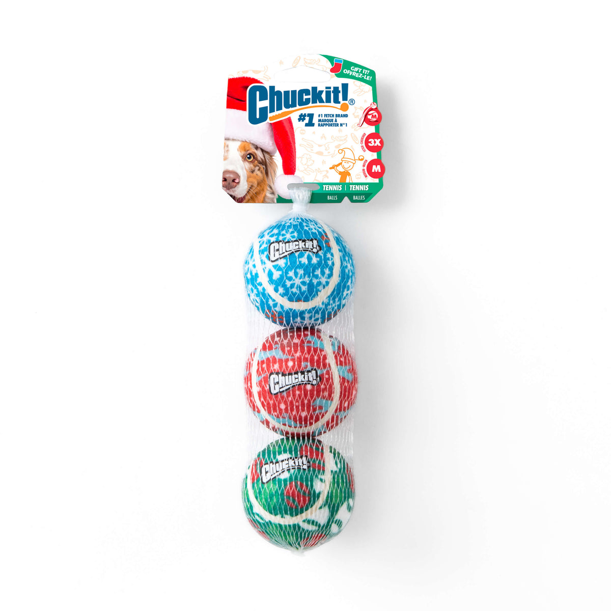 A net bag containing three Chuckit!® Holiday Tennis Balls decorated with festive snowflake patterns.