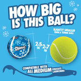 A comparison graphic showing a blue, snowflake-patterned Chuckit!® Holiday Tennis Balls Dog Toy measuring 2.5 to 2.7 inches; slightly smaller than a standard yellow tennis ball, it is compatible with medium launchers.