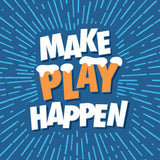 Graphic featuring Chuckit!® Holiday Tennis Balls Dog Toy, with the words MAKE PLAY HAPPEN in white and orange block lettering topped with snow accents against a blue background with radiating white lines.