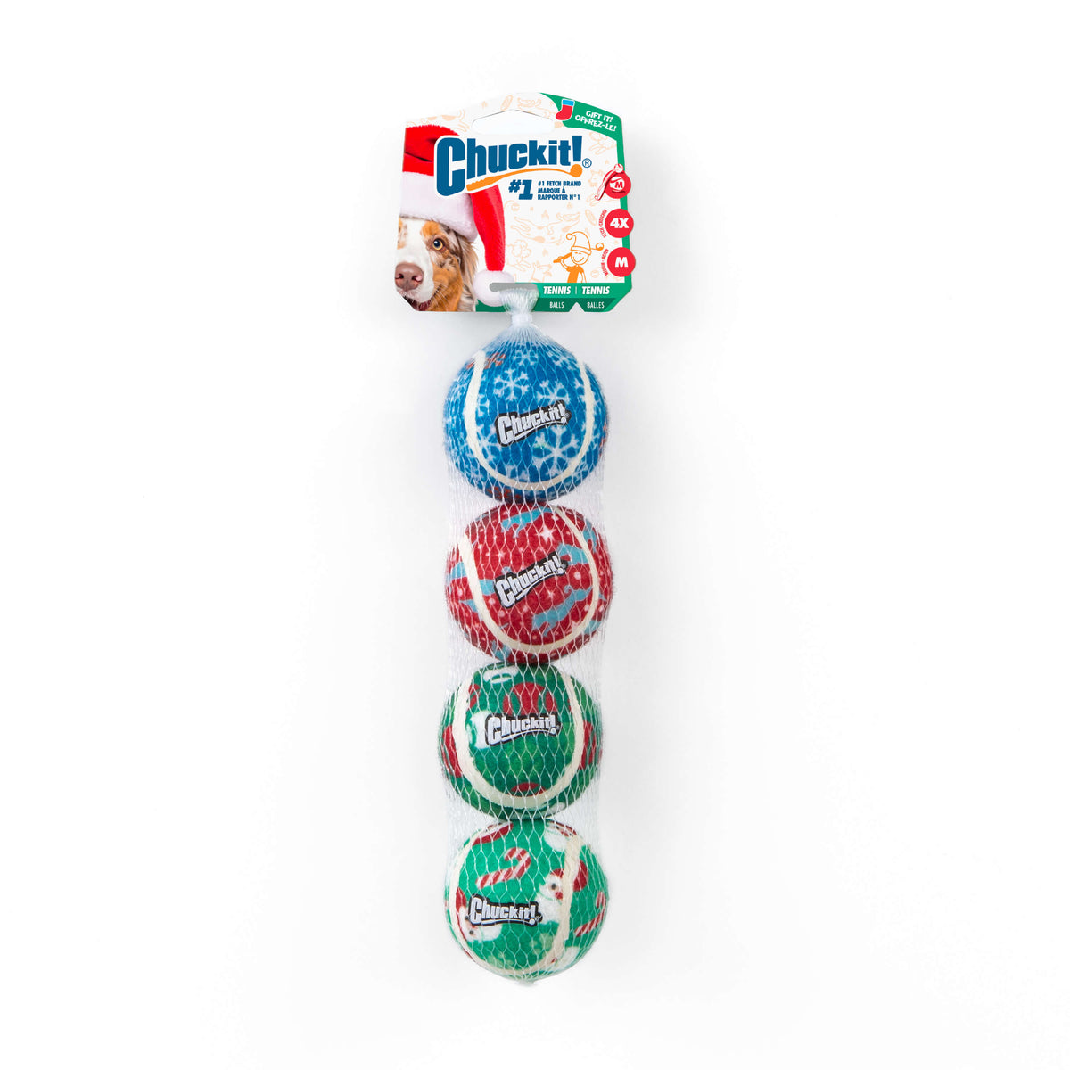 Four Chuckit!® Holiday Tennis Balls with festive patterns packaged in a mesh sleeve.