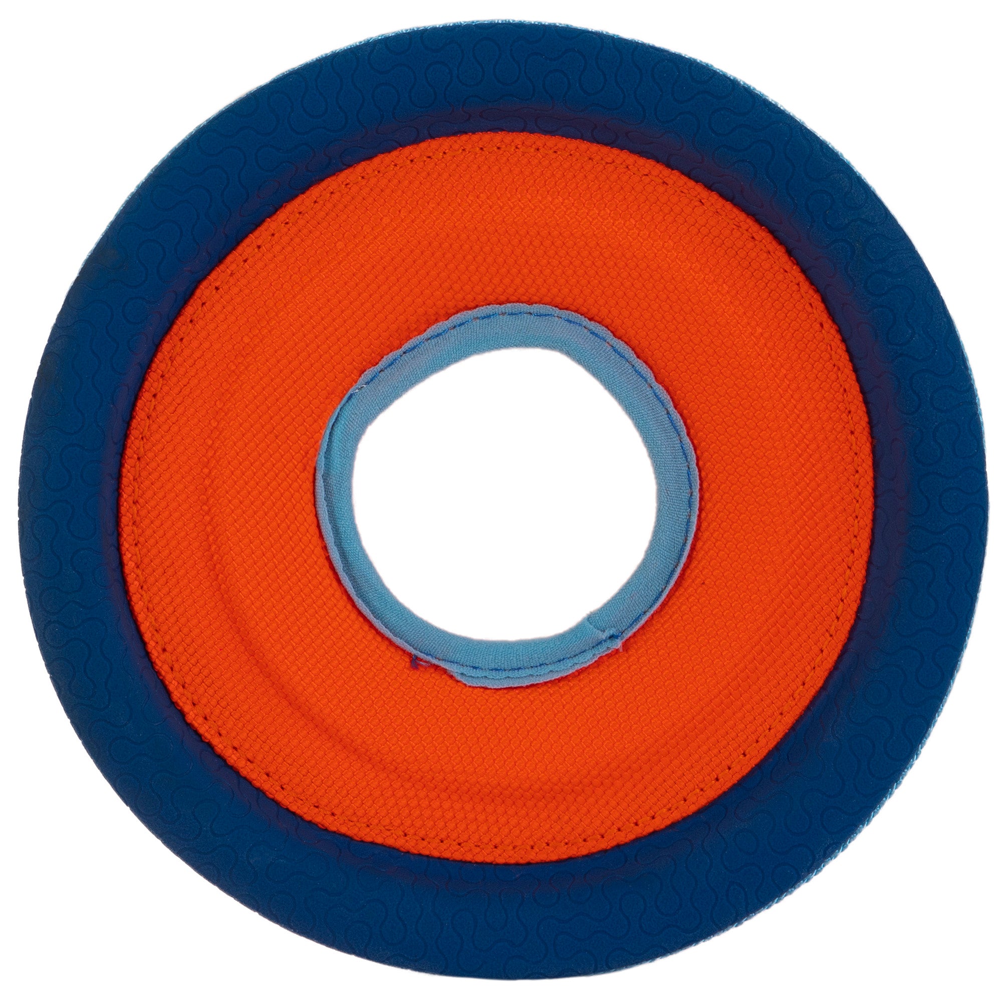 The Chuckit Amphibious ZipFlight is a circular fetch toy with an orange center, blue outer rim, and light blue ring, designed for long-distance throws and floating on water. Ideal for textured grip and water-loving dogs.