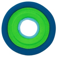 The Chuckit! Amphibious ZipFlight by Chuckit is a round, textured floating dog toy with a bright green center, blue rim, and small central opening. Its fabric-like surface makes it ideal for long-distance fetch adventures.