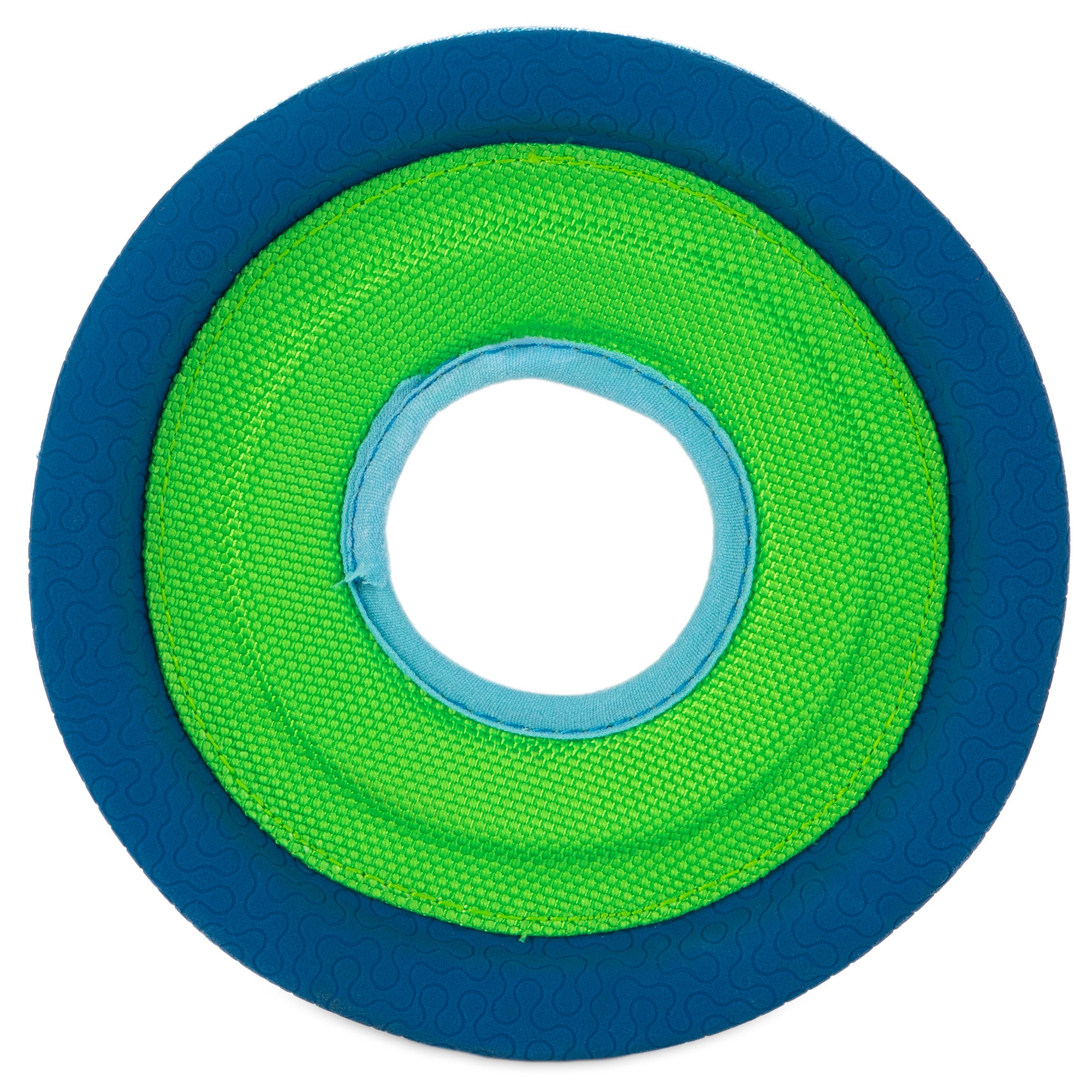 The Chuckit! Amphibious ZipFlight by Chuckit is a round, textured floating dog toy with a bright green center, blue rim, and small central opening. Its fabric-like surface makes it ideal for long-distance fetch adventures.