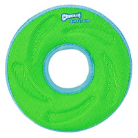 The Chuckit! Amphibious ZipFlight, a bright green frisbee with a blue border and center hole, offers long-distance fetch fun. This floating dog toy is perfect for high-flying adventures on land or water.