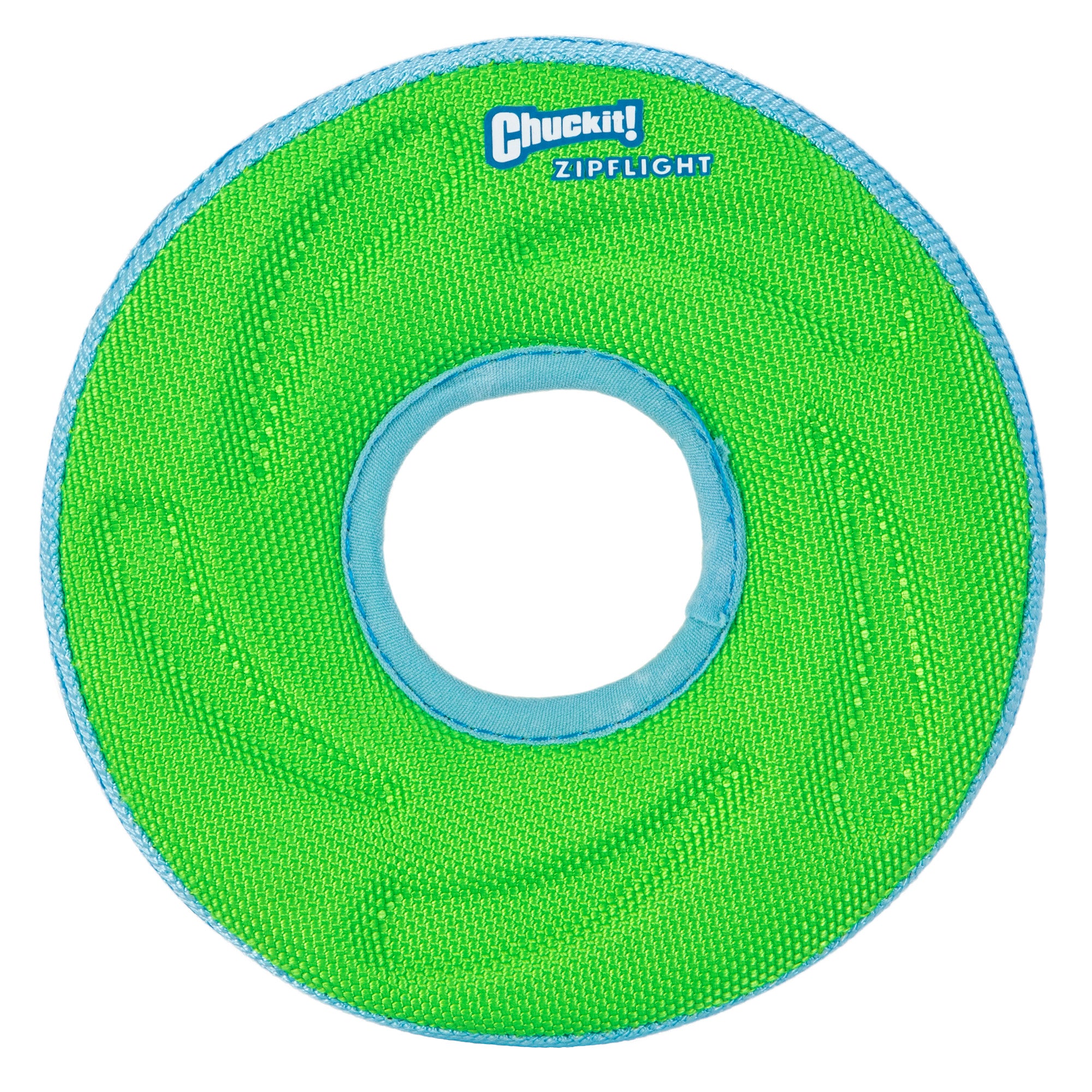 The Chuckit! Amphibious ZipFlight, a bright green frisbee with a blue border and center hole, offers long-distance fetch fun. This floating dog toy is perfect for high-flying adventures on land or water.