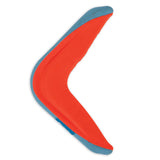 A Chuckit! Amphibious Boomerang, featuring a red body and blue edge against a white background, offers a textured surface for enhanced grip, ideal as a fetch toy for adventurous play on land or in water.