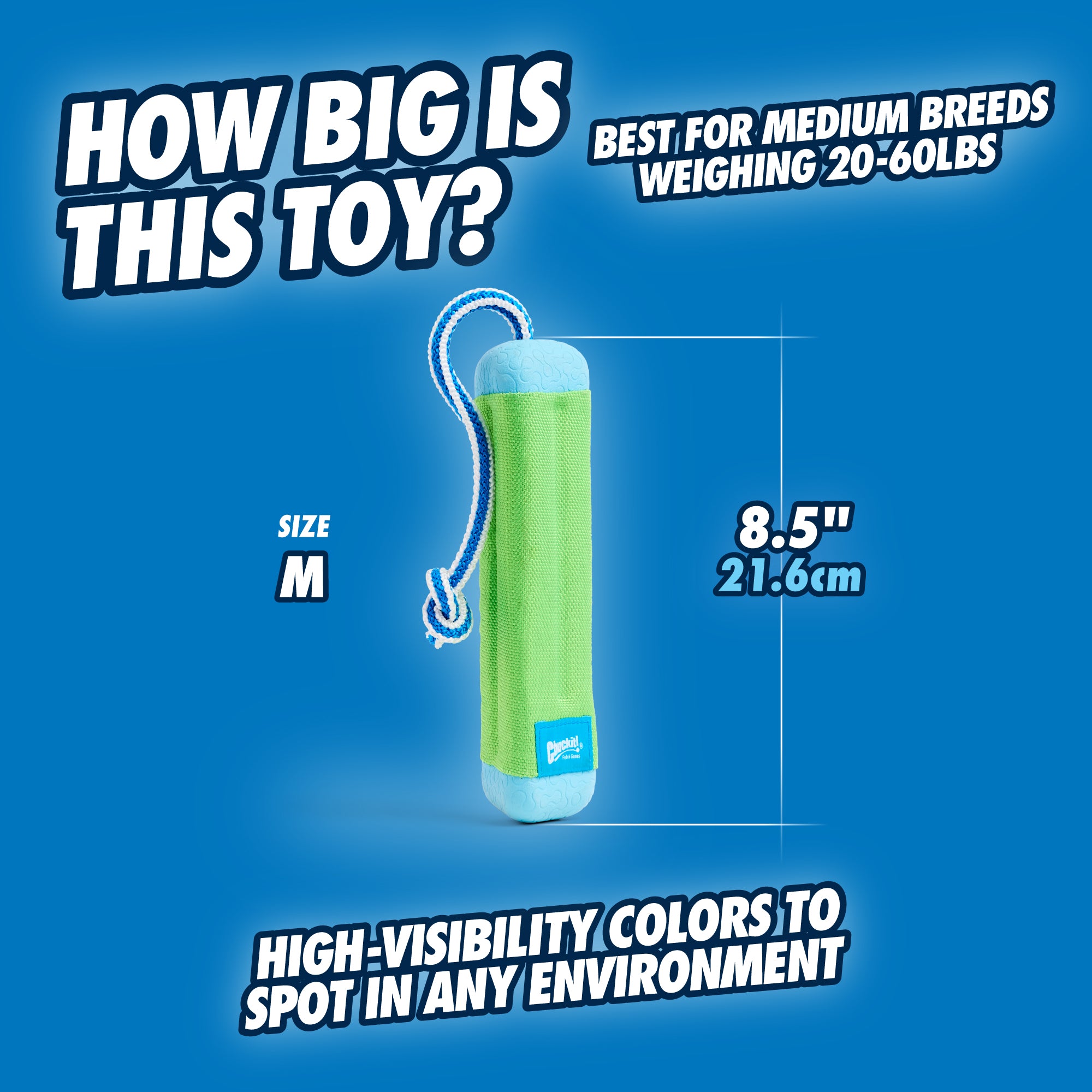 Image shows a Chuckit! Amphibious Bumper Floating Dog Toy by Chuckit, ideal for medium breeds (20-60 lbs). The toy is cylindrical, 8.5 inches (21.6 cm), in blue and green with a rope handle. Its high-visibility colors and ability to float make it perfect for interactive play.