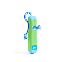 The Chuckit! Amphibious Bumper Floating Dog Toy by Chuckit is a cylindrical toy with light blue ends and a green mesh body. It features a blue rope handle and floats high, with the tag Cant Pop Wont Sink, perfect for adventurous play in water.