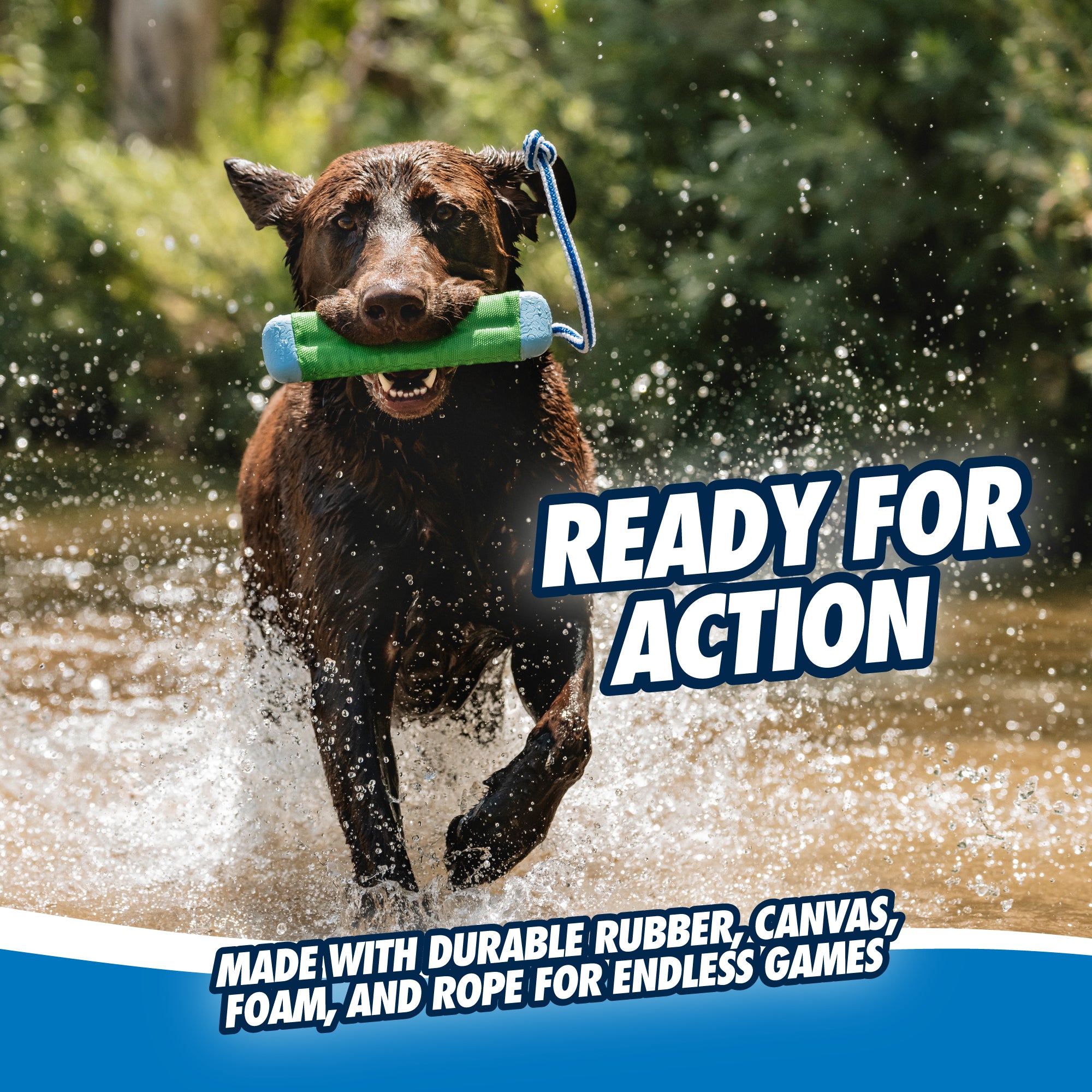 A wet dog joyfully runs through splashing water with a Chuckit! Amphibious Bumper Floating Dog Toy. Ready for action highlights the toys durable rubber, canvas, foam, and rope design for endless interactive play that floats high in the waves.