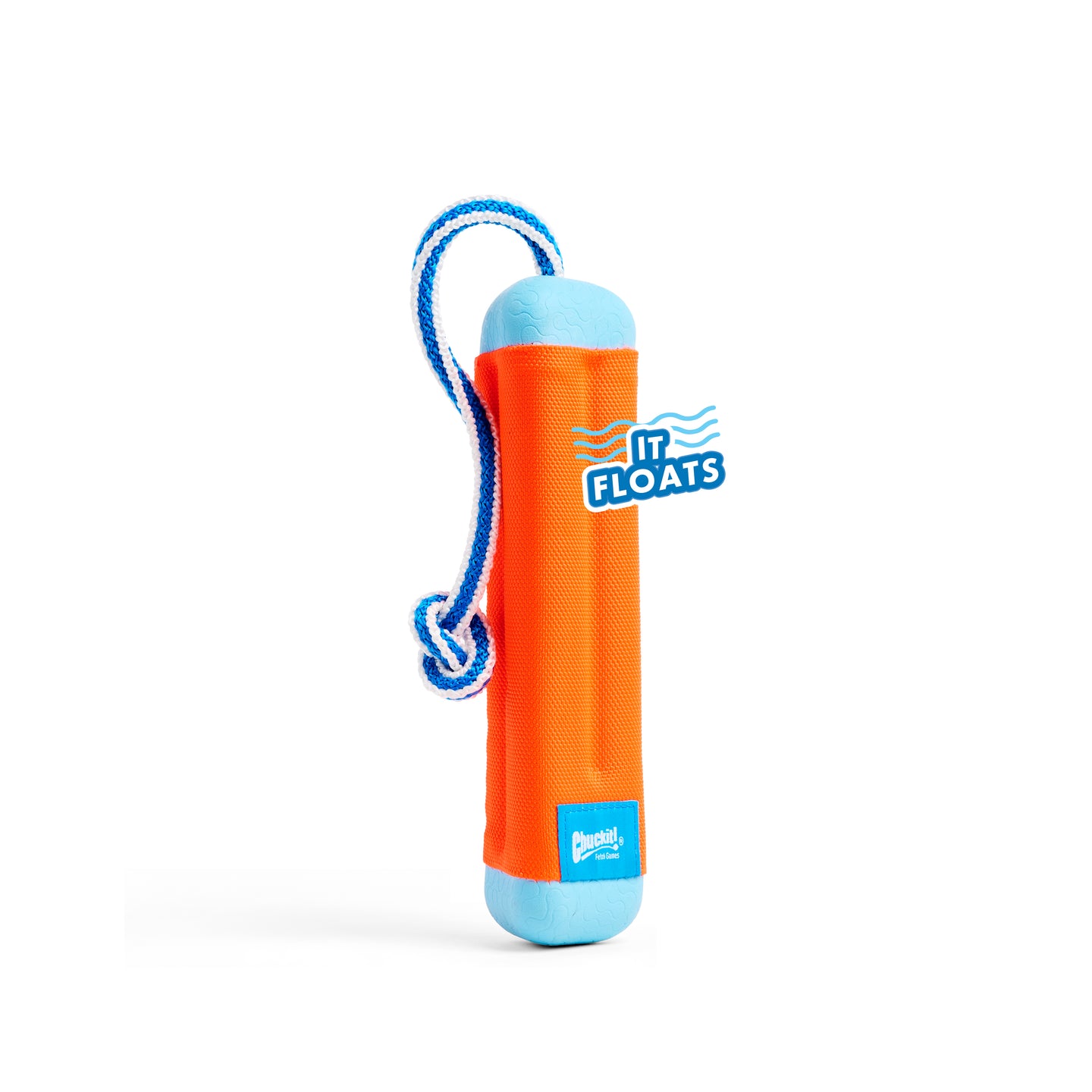 The Chuckit! Amphibious Bumper Floating Dog Toy is orange and blue with a rope handle, perfect for interactive play. A It Floats label promises fun on water or land, as the toy stands vertical against a white background.