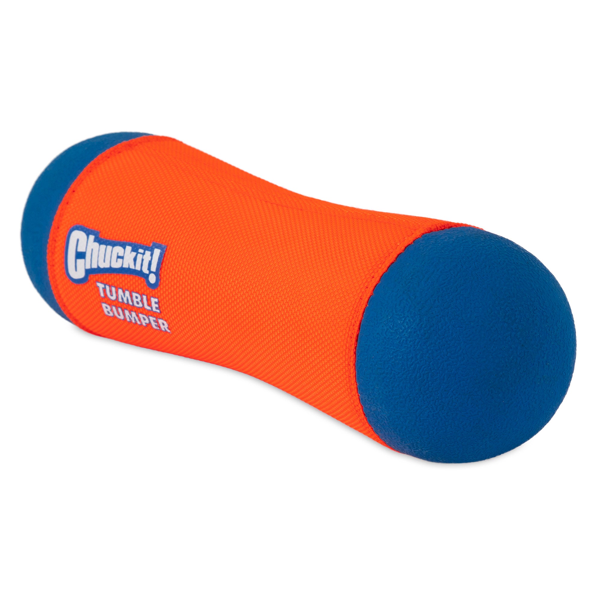 The Chuckit! Amphibious Tumble Bumper is an orange and blue dog toy shaped like a cylindrical dumbbell with rounded ends, featuring Bounceflex Core technology for durability. The orange section displays Chuckit! Tumble Bumper in white, making it perfect for playful pups.