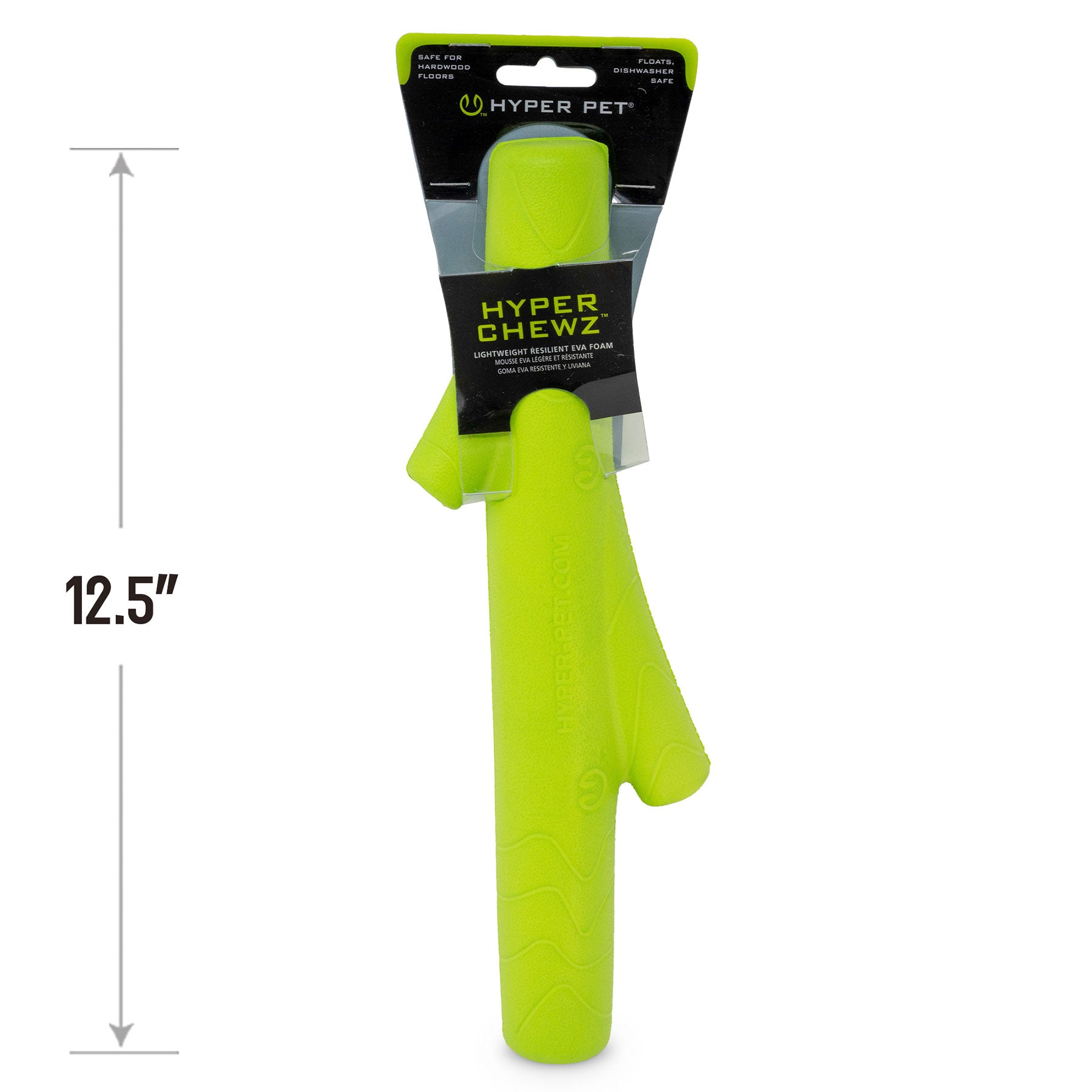 The Hyperpet Hyper Chewz Stick Dog Toy, in bright green and made from durable EVA foam, is designed for power chewers. Its lightweight, floats on water, safe for dogs, and measures 12.5 inches long—ensuring endless fun.