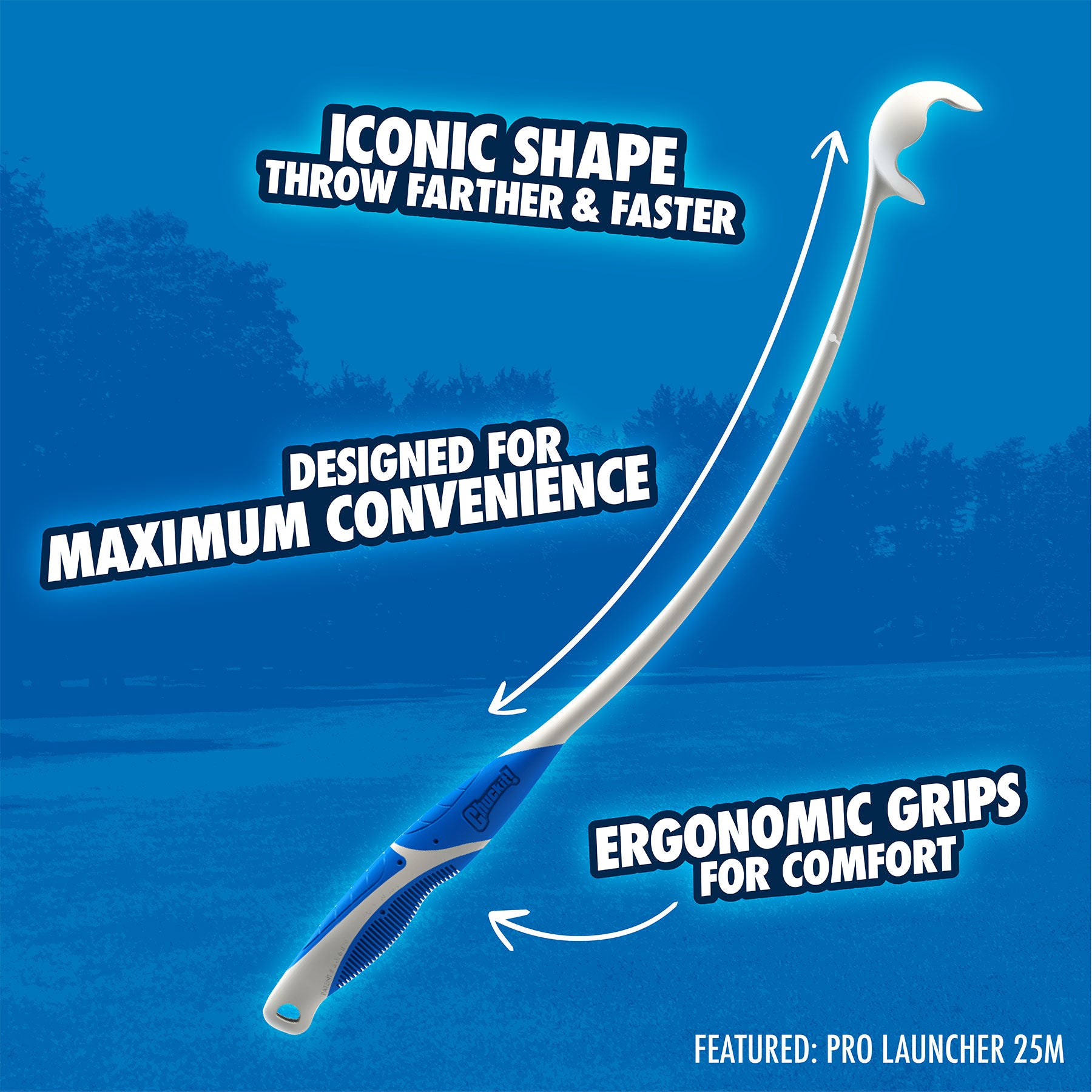 The Chuckit! Pro Launcher 25M by Chuckit is a blue and white dog ball launcher featuring an ergonomic grip handle, perfect for fetch games. Its unique design allows for farther, faster throws while ensuring maximum comfort and convenience.