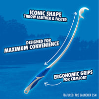 The Chuckit! Pro Launcher 25M by Chuckit is a blue and white dog ball launcher featuring an ergonomic grip handle, perfect for fetch games. Its unique design allows for farther, faster throws while ensuring maximum comfort and convenience.