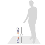 Illustration of a person next to the Chuckit! Mountain Rope Tug by Chuckit, resembling a durable tug toy. It features blue rope with orange connectors and measures 27 inches (69 cm) long. The silhouette highlights its impressive height.