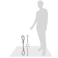 Illustration of a person next to the Chuckit! Mountain Rope Tug by Chuckit, resembling a durable tug toy. It features blue rope with orange connectors and measures 27 inches (69 cm) long. The silhouette highlights its impressive height.